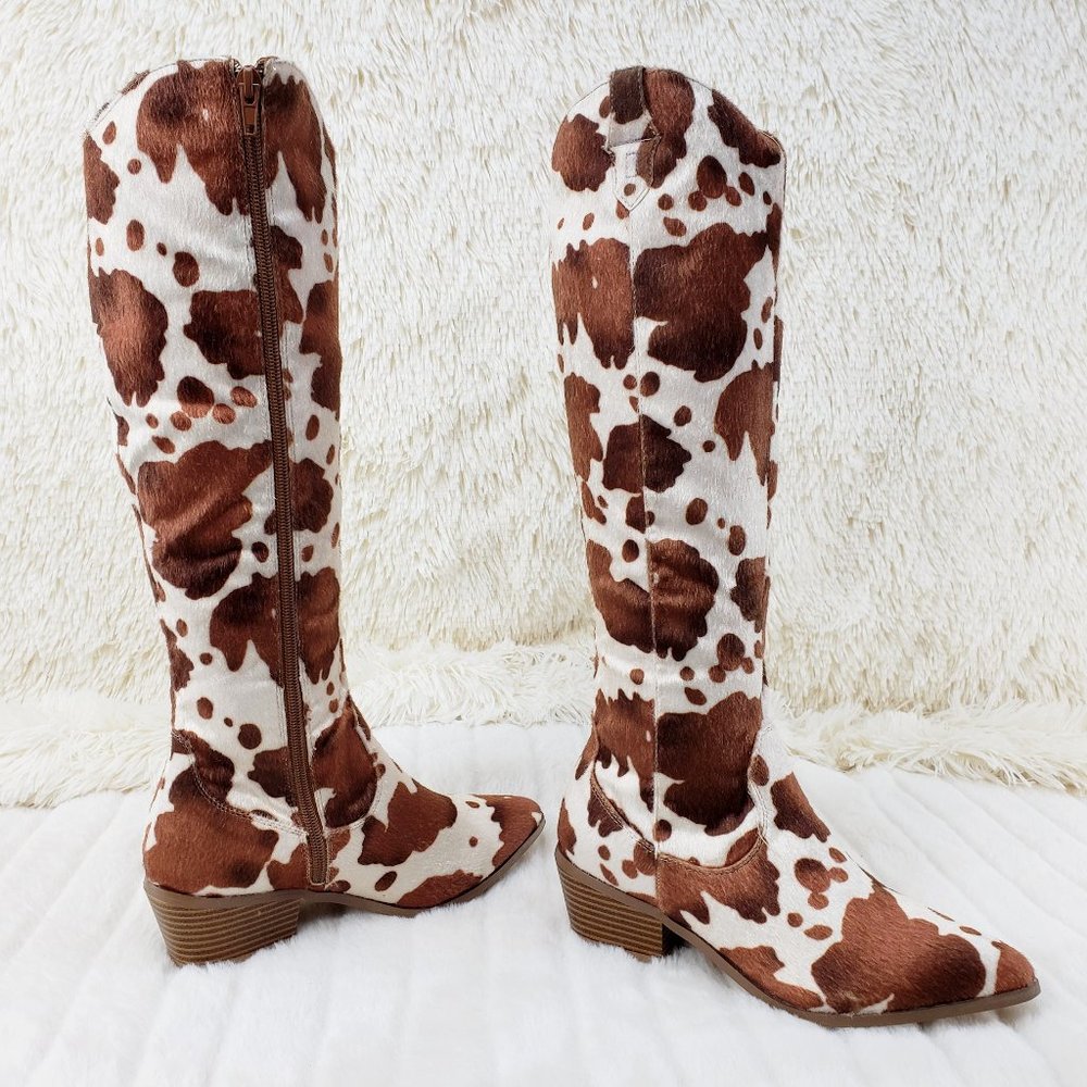 Western Knee High Boots 2" Heels  Brown Cow